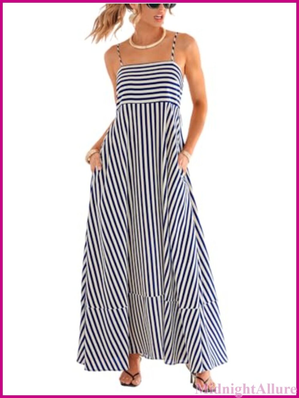 Striped Square Neck Sleeveless Cami Maxi Dress with Pockets